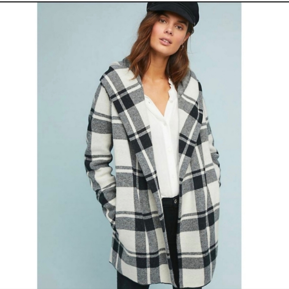 Anthropologie Field Flower Plaid Wool Sweater Coat Hooded S
